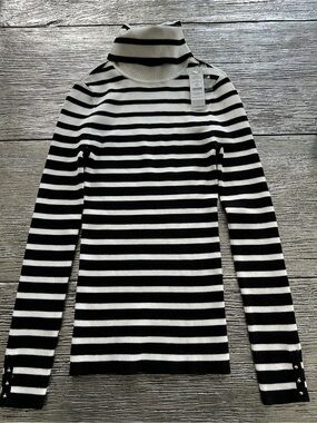 White House Black Market Breton Stripe Ribbed Tneck in Ecru and Black